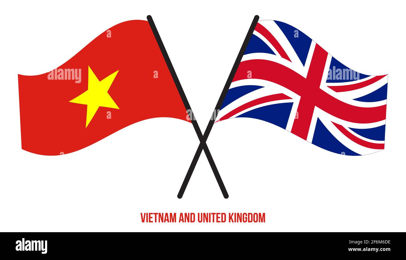 Vietnam und Großbritannien Flaggen gekreuzt und winken Flat Style. Offizieller Anteil. Richtige Farben. Stock Vektor