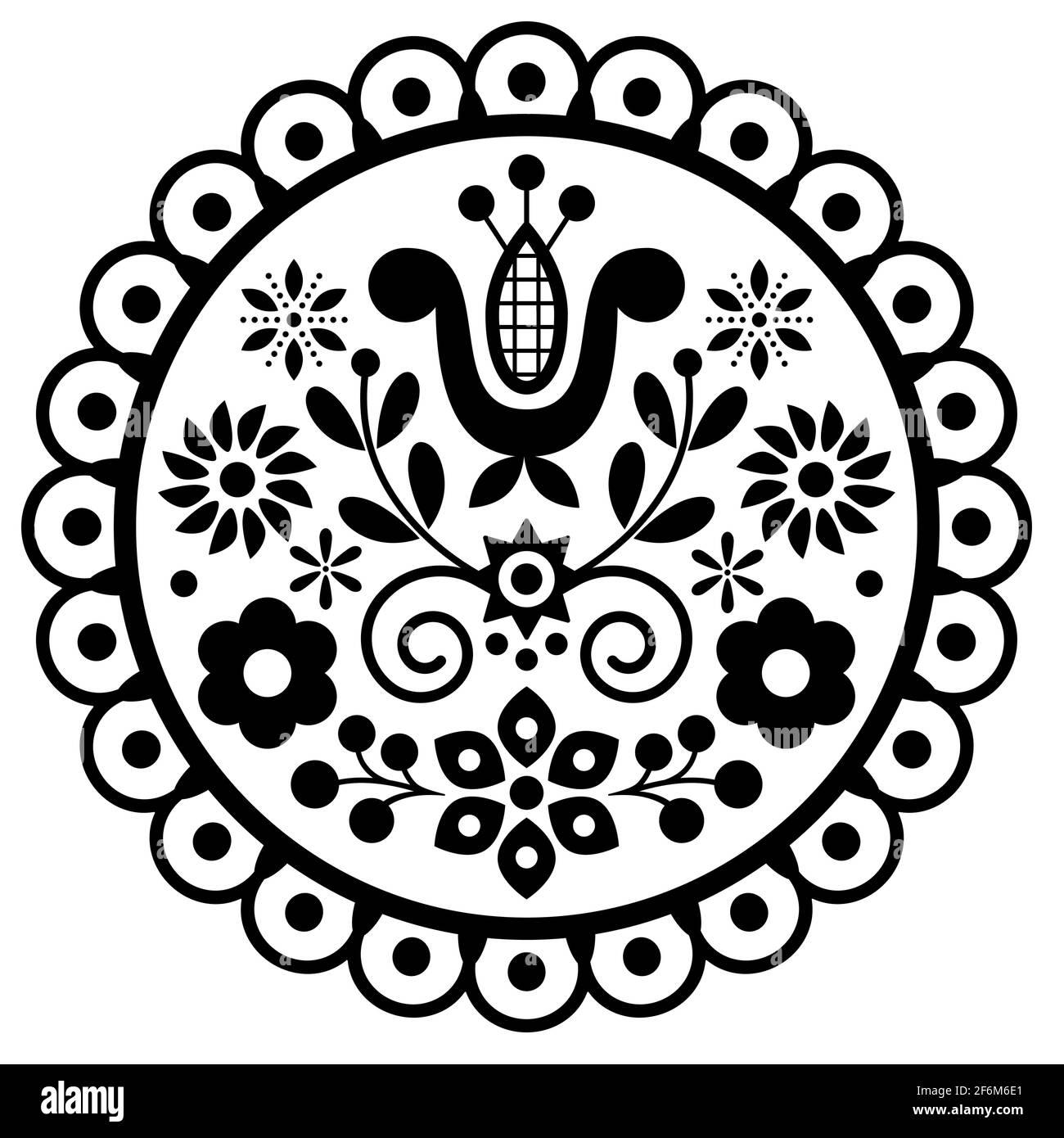 Polnische niedliche Volkskunst Vektor rund gerahmtes Design mit Blumen Und Blätter - schwarz-weiße Grußkarte oder Hochzeit Verzierung der Einladung Stock Vektor