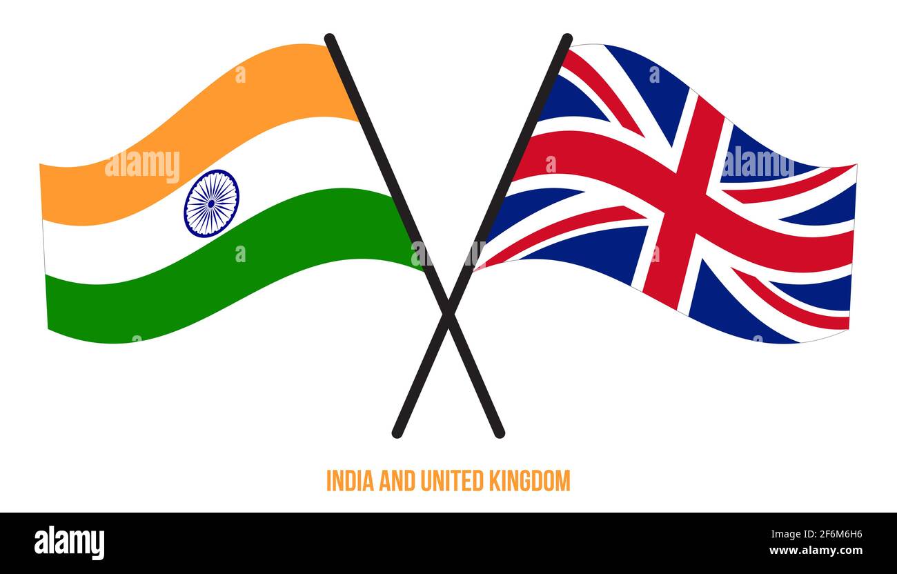 Indien und Großbritannien Flaggen gekreuzt und winken Flat Style. Offizieller Anteil. Richtige Farben. Stock Vektor