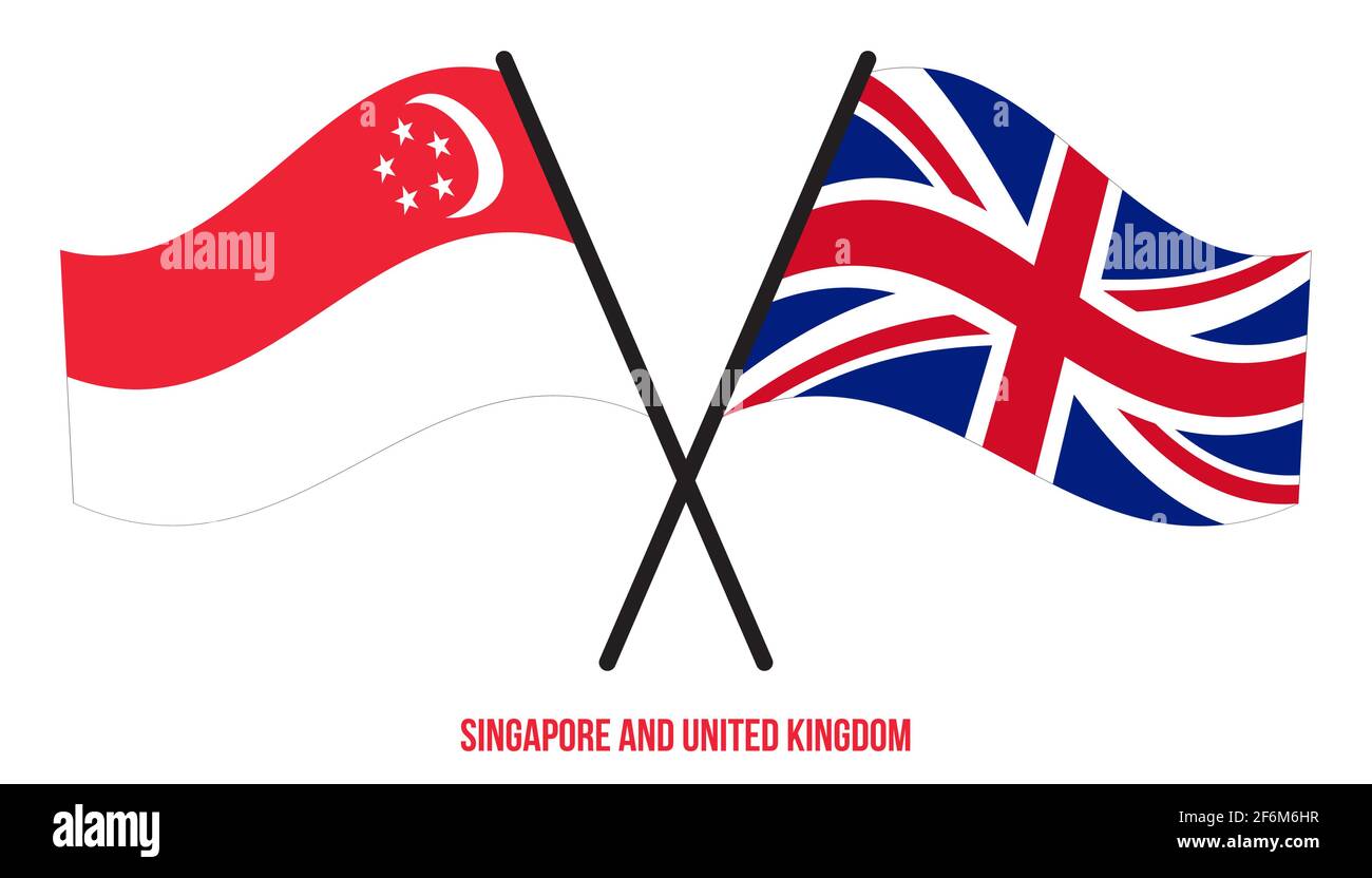 Singapur und Großbritannien Flaggen gekreuzt und winken Flat Style. Offizieller Anteil. Richtige Farben. Stock Vektor
