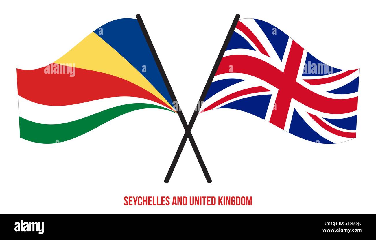 Seychellen und Großbritannien Flaggen gekreuzt und winken Flat Style. Offizieller Anteil. Richtige Farben. Stock Vektor