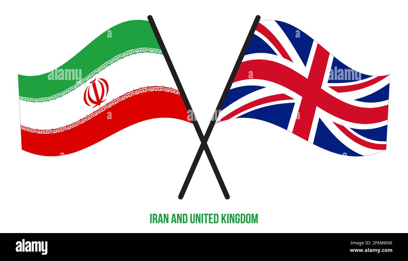 Iran und Großbritannien Flaggen gekreuzt und winken Flat Style. Offizieller Anteil. Richtige Farben. Stock Vektor