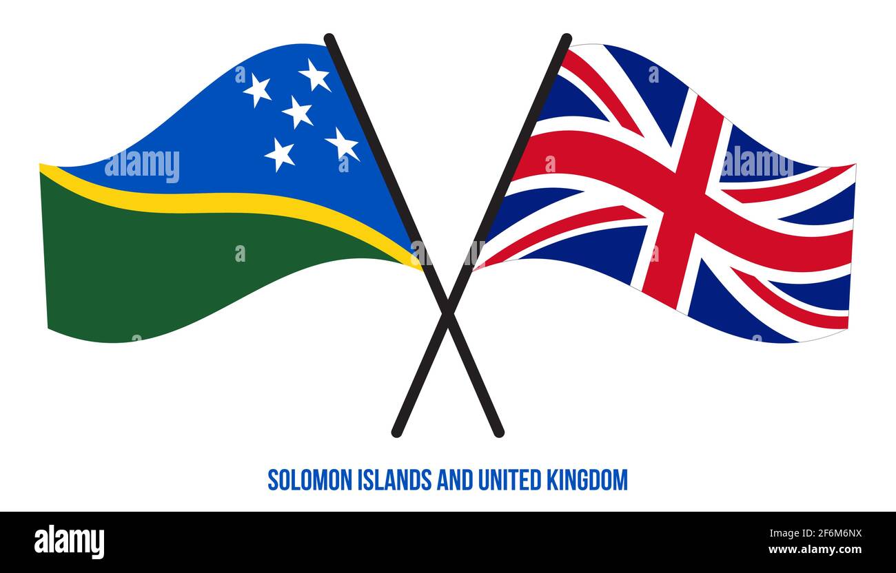 Solomon Islands und Großbritannien Flaggen gekreuzt und winken Flat Style. Offizieller Anteil. Richtige Farben. Stock Vektor