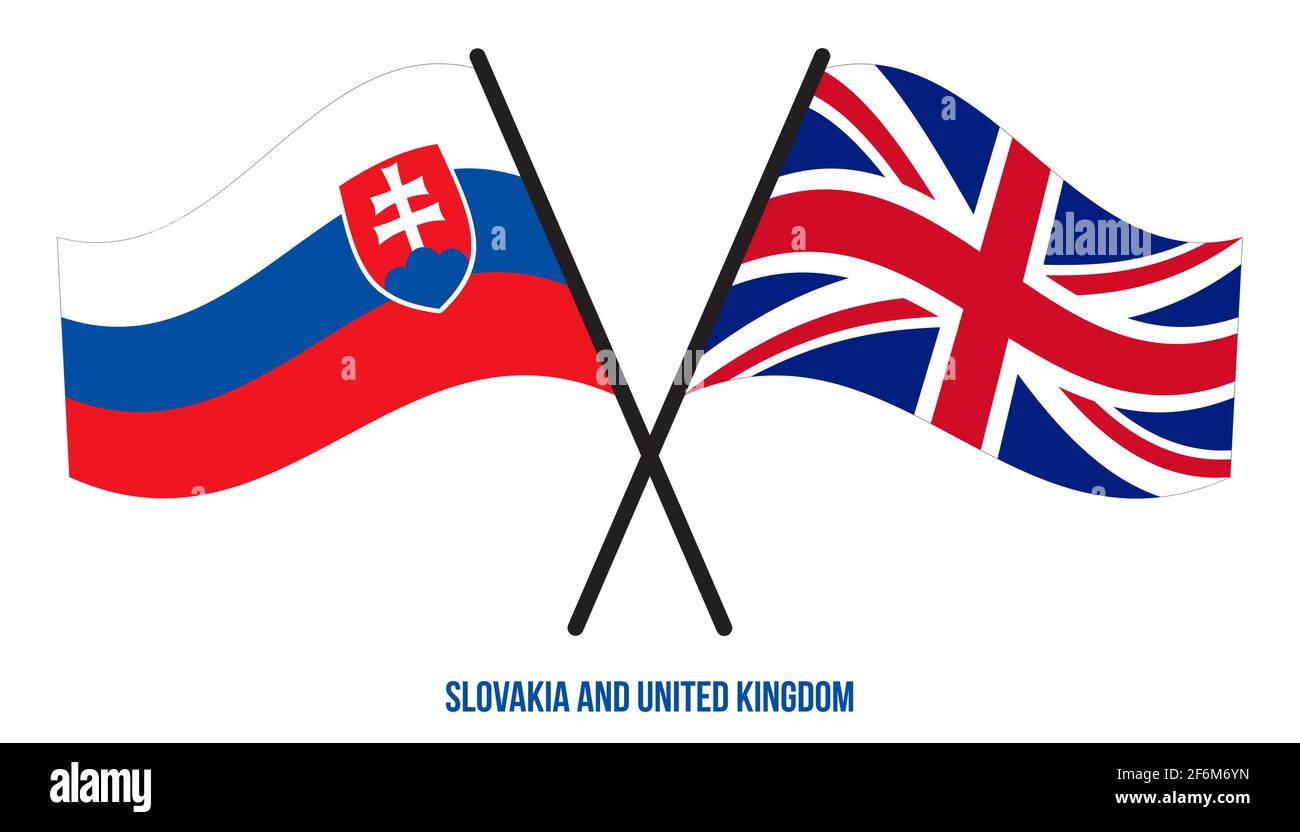 Slowakei und Großbritannien Flaggen gekreuzt und winken Flat Style. Offizieller Anteil. Richtige Farben. Stock Vektor