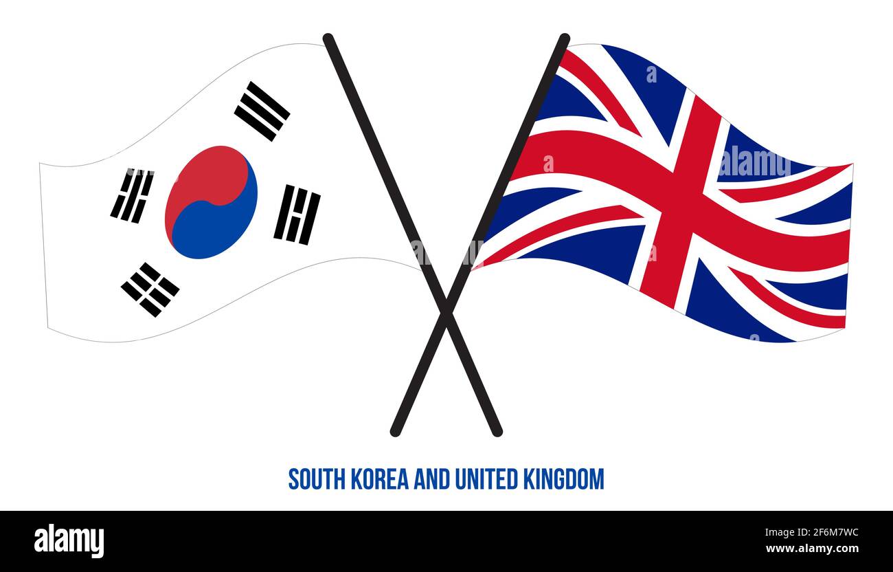 Südkorea und Großbritannien Flaggen gekreuzt und winken Flat Style. Offizieller Anteil. Richtige Farben. Stock Vektor