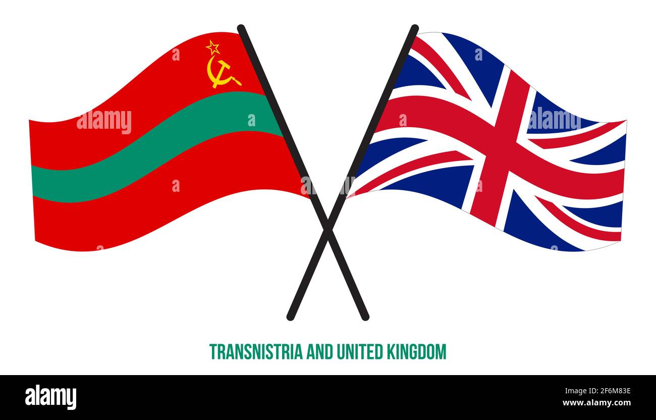 Transnistrien und Großbritannien Flaggen gekreuzt und winken Flat Style. Offizieller Anteil. Richtige Farben. Stock Vektor