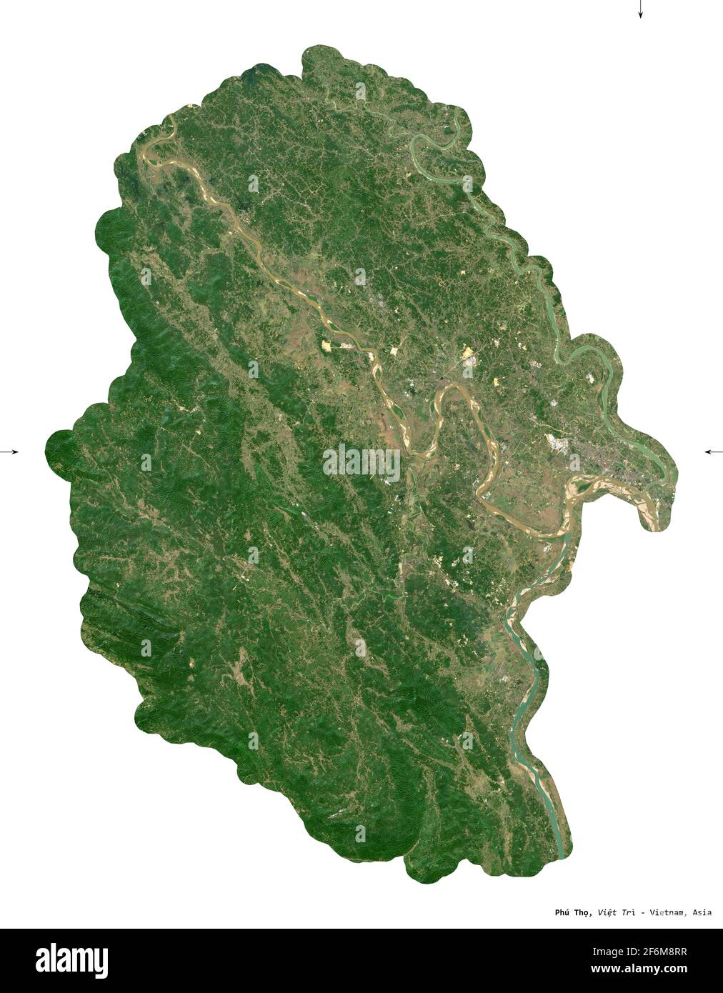 Phu Tho, Provinz Vietnam. Sentinel-2-Satellitenbilder. Form isoliert auf Weiß. Beschreibung, Lage der Hauptstadt. Enthält modifiziertes Copernicu Stockfoto