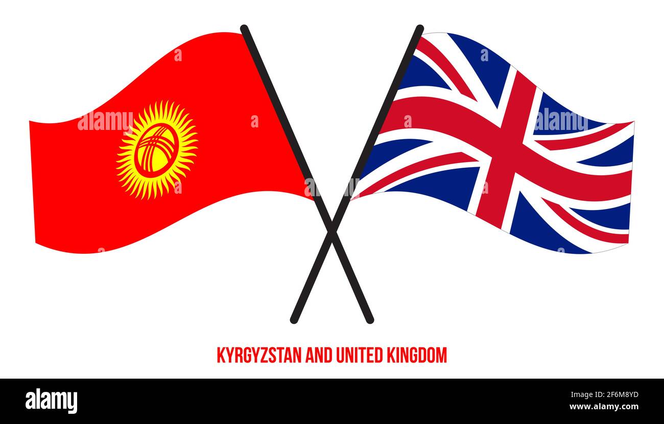 Kirgisistan und Großbritannien Flaggen gekreuzt und winken Flat Style. Offizieller Anteil. Richtige Farben. Stock Vektor