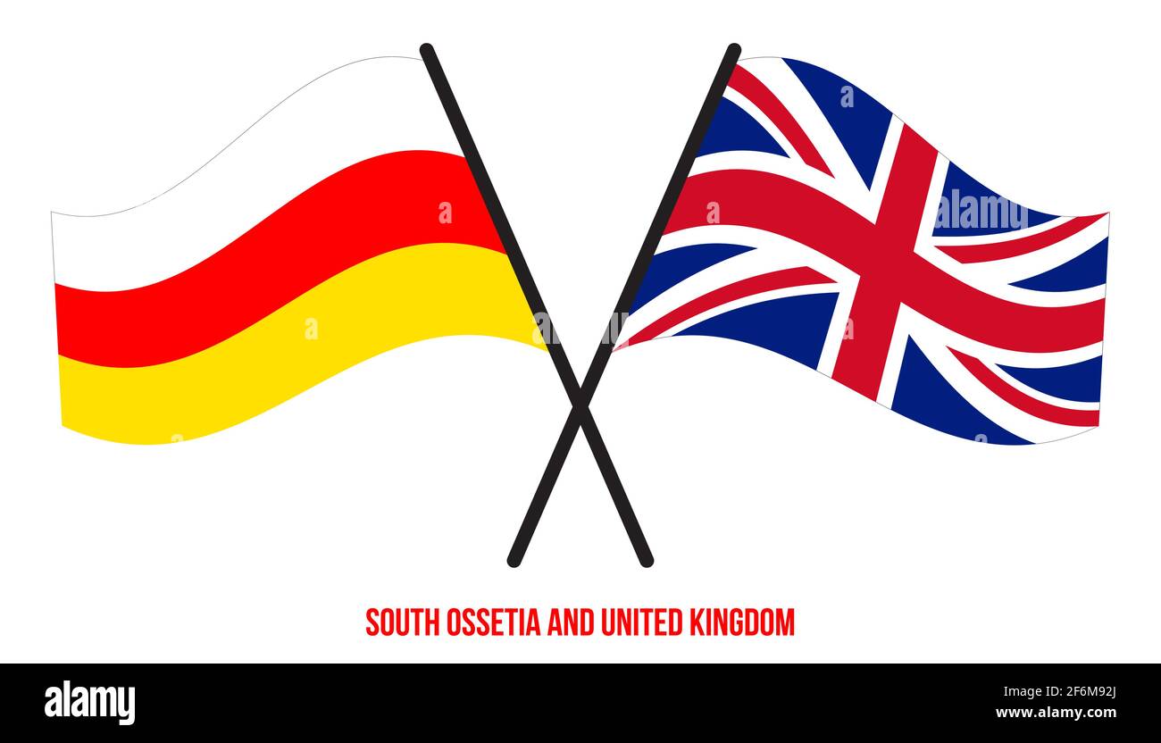 Südossetien und Großbritannien Flaggen gekreuzt und winken Flat Style. Offizieller Anteil. Richtige Farben. Stock Vektor