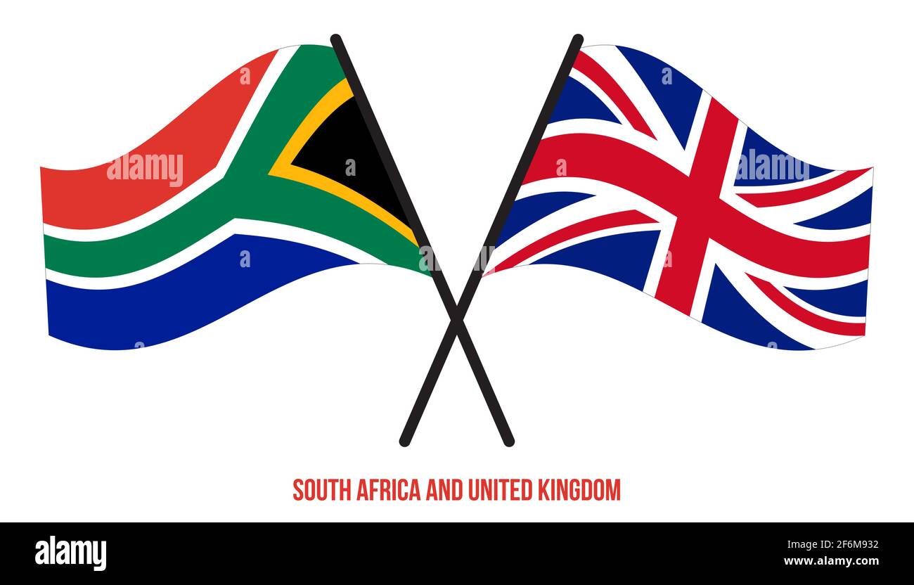 Südafrika und Großbritannien Flaggen gekreuzt und winken Flat Style. Offizieller Anteil. Richtige Farben. Stock Vektor