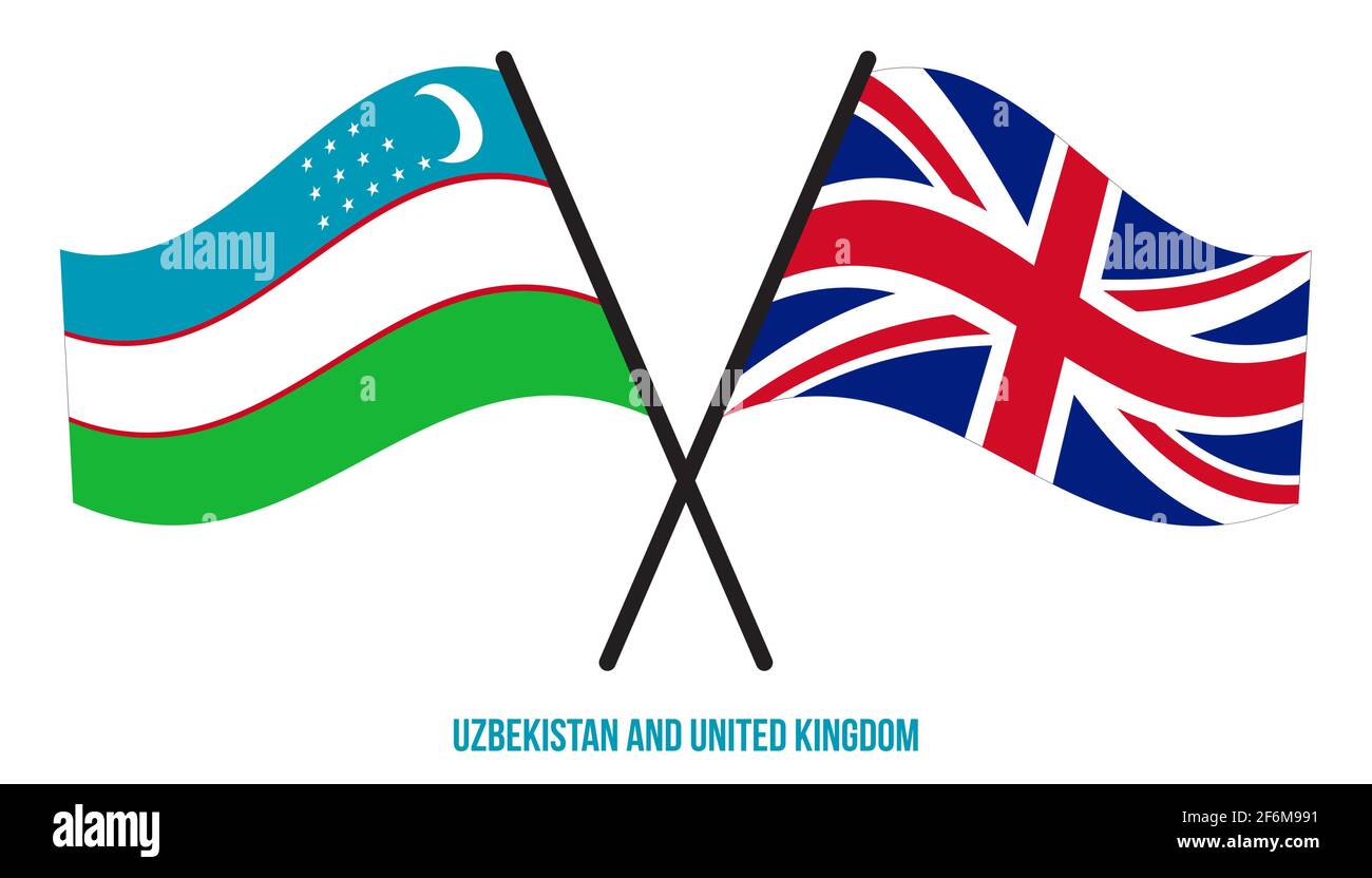Usbekistan und Großbritannien Flaggen gekreuzt und winken Flat Style. Offizieller Anteil. Richtige Farben. Stock Vektor