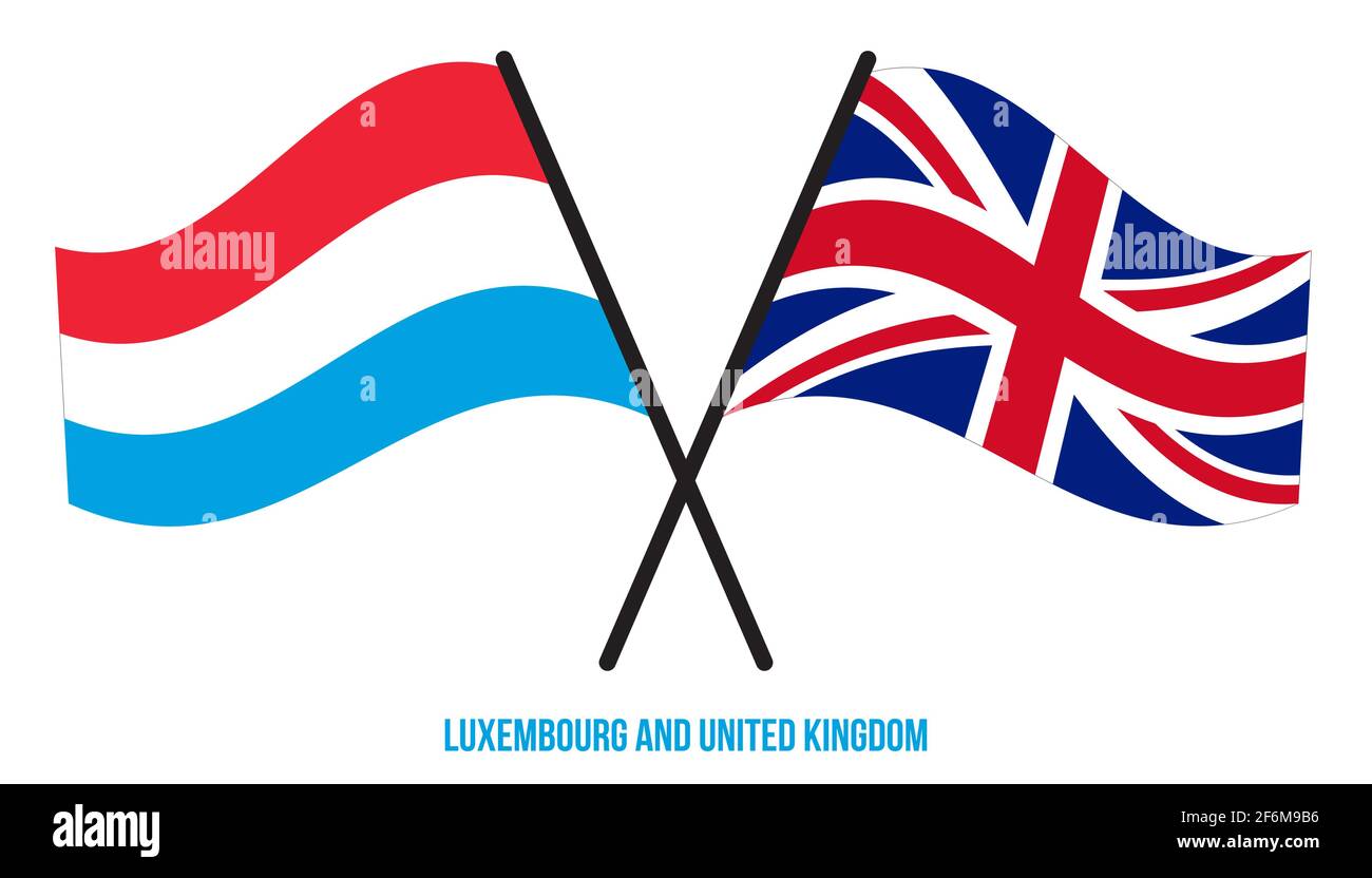 Luxemburg und Großbritannien Flaggen gekreuzt und winken Flat Style. Offizieller Anteil. Richtige Farben. Stock Vektor