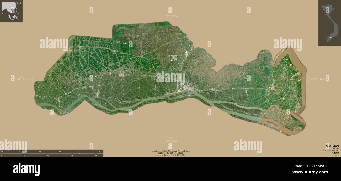 Tien Giang, Provinz Vietnam. Sentinel-2-Satellitenbilder. Form isoliert auf durchgehenden Hintergrund mit informativen Überlagerungen. Enthält modifiziertes Coperni Stockfoto