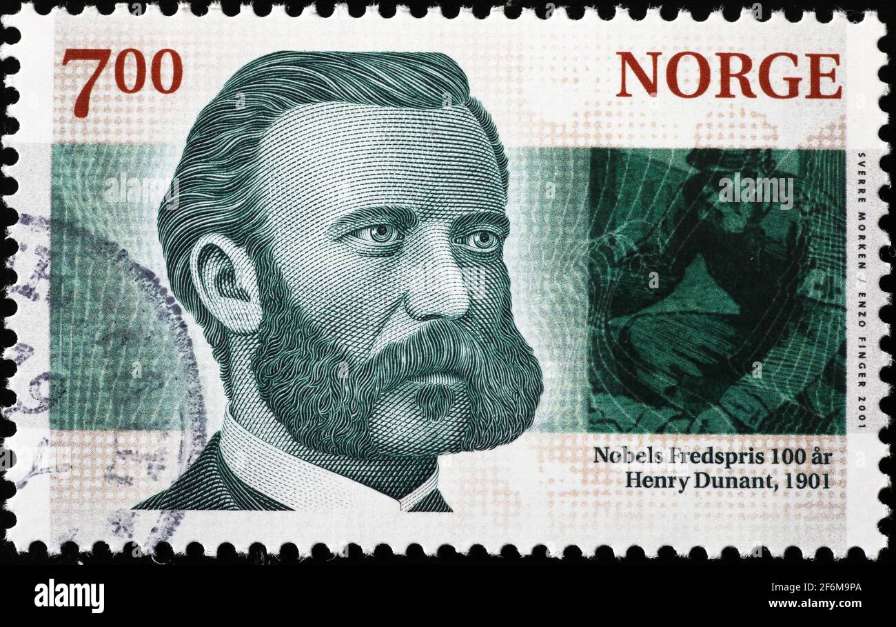 Nobelpreis Henry Dunant auf norwegischer Briefmarke Stockfoto