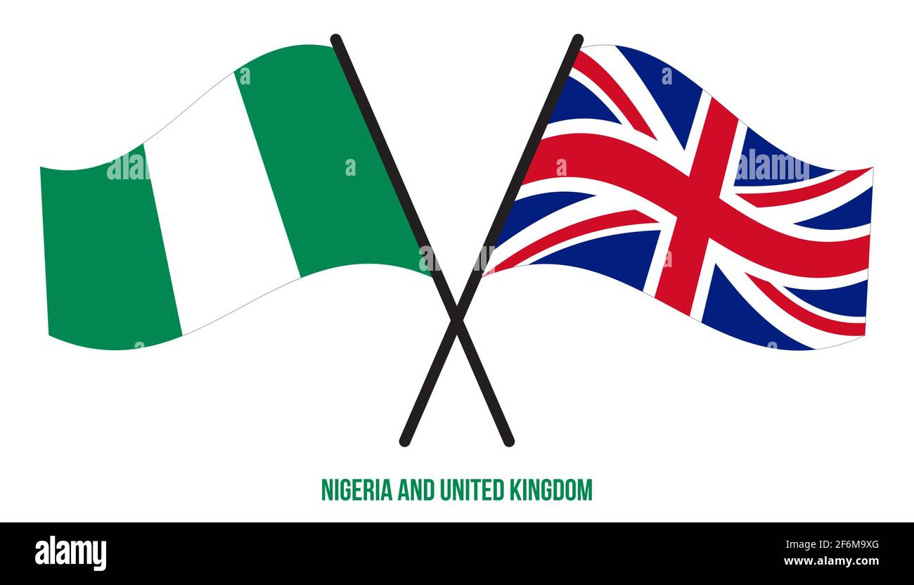Nigeria und Großbritannien Flaggen gekreuzt und winken Flat Style. Offizieller Anteil. Richtige Farben. Stock Vektor
