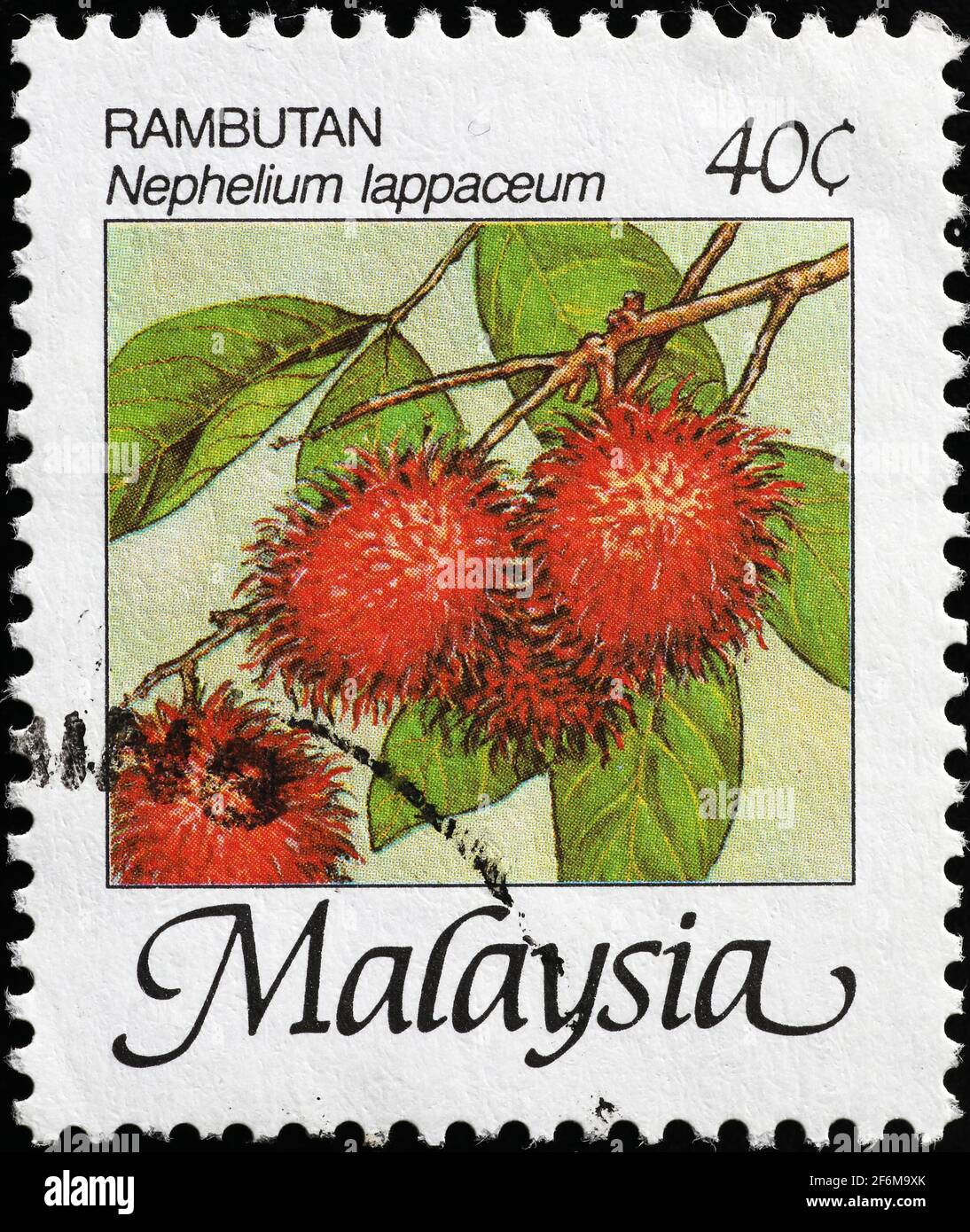 Rambutan-Frucht auf malaysischer Briefmarke Stockfoto