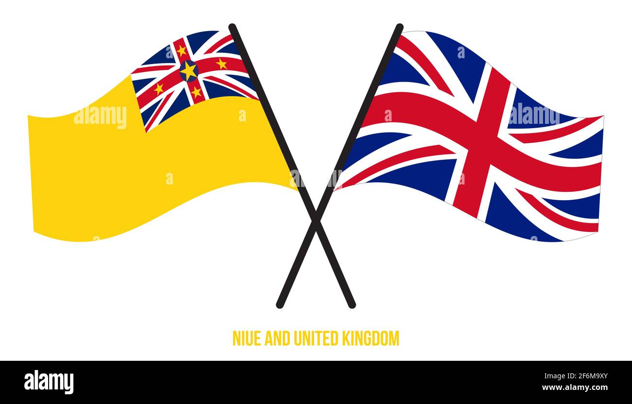 Niue und United Kingdom Flags Crossed und winken Flat Style. Offizieller Anteil. Richtige Farben. Stock Vektor