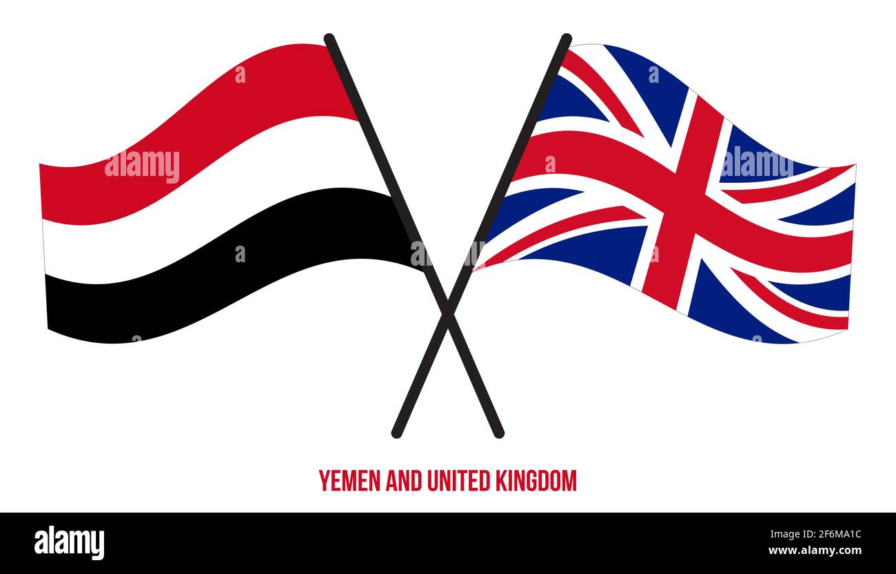 Jemen und Großbritannien Flaggen gekreuzt und winken Flat Style. Offizieller Anteil. Richtige Farben. Stock Vektor