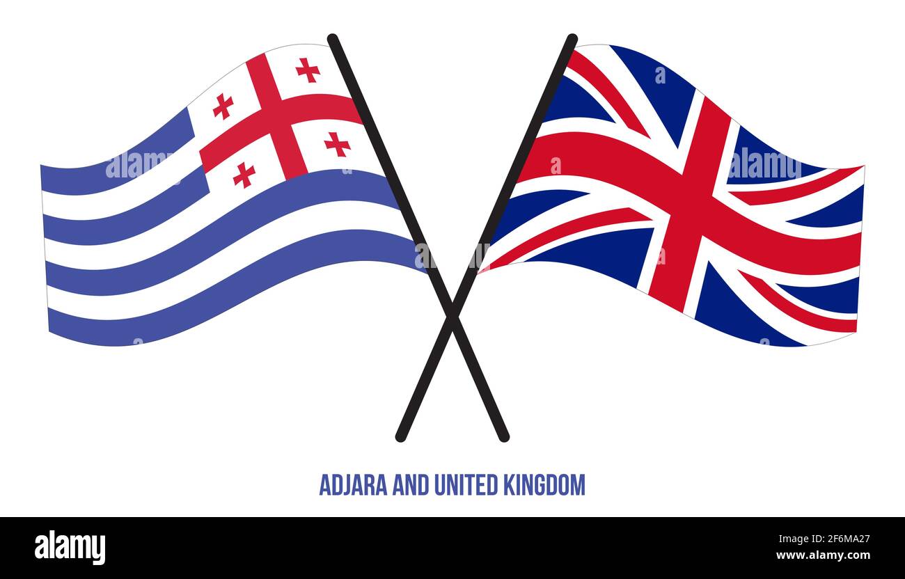 Adjara und Großbritannien Flaggen gekreuzt und winken Flat Style. Offizieller Anteil. Richtige Farben. Stock Vektor