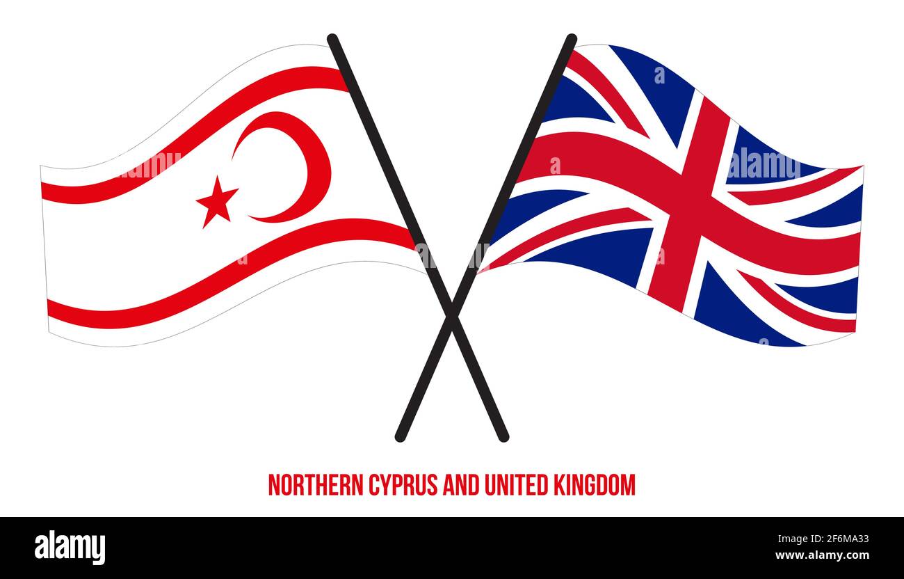 Nordzypern und Großbritannien Flaggen gekreuzt und winken Flat Style. Offizieller Anteil. Richtige Farben. Stock Vektor