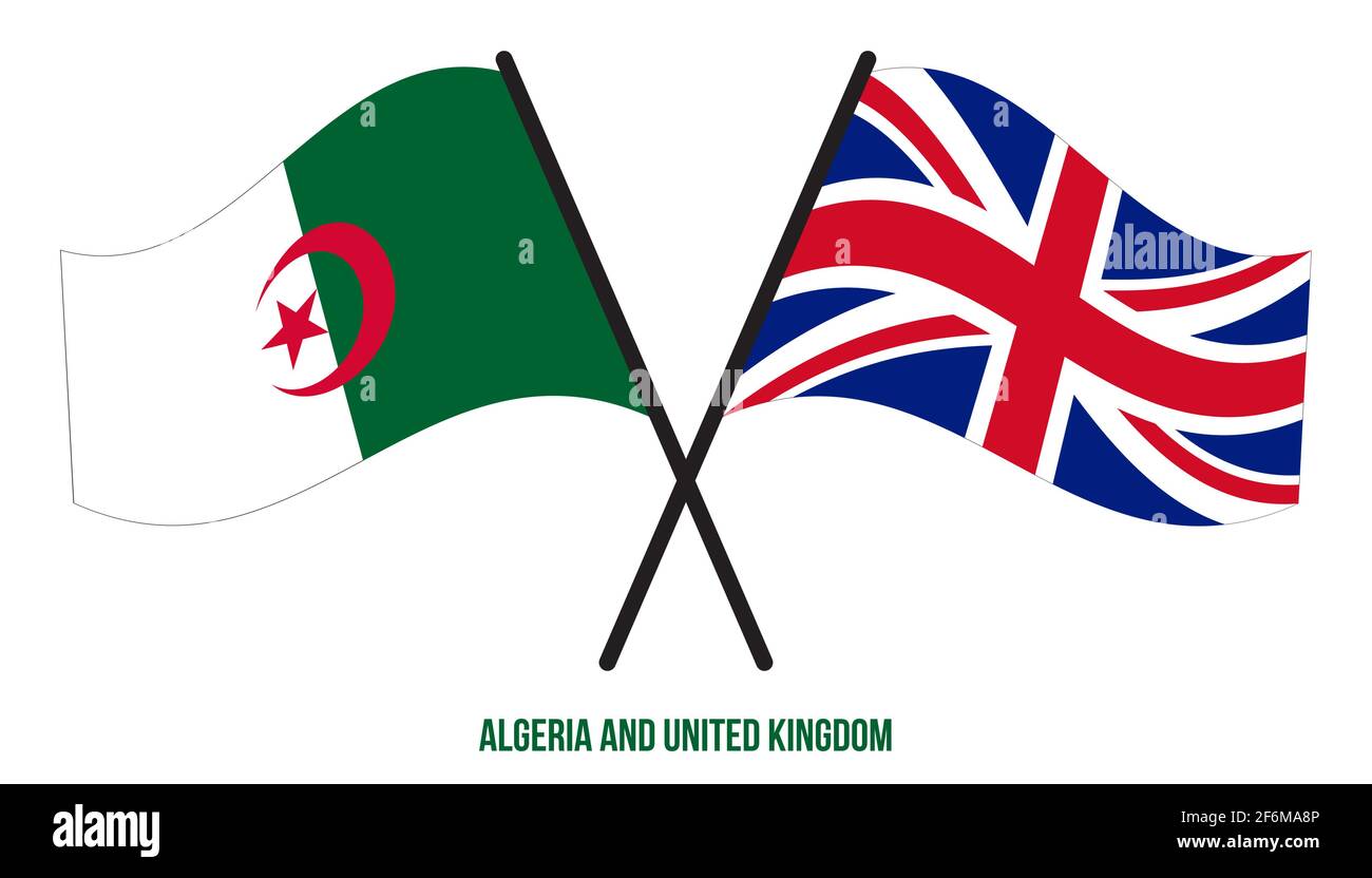 Algerien und Großbritannien Flaggen gekreuzt und winken Flat Style. Offizieller Anteil. Richtige Farben. Stock Vektor