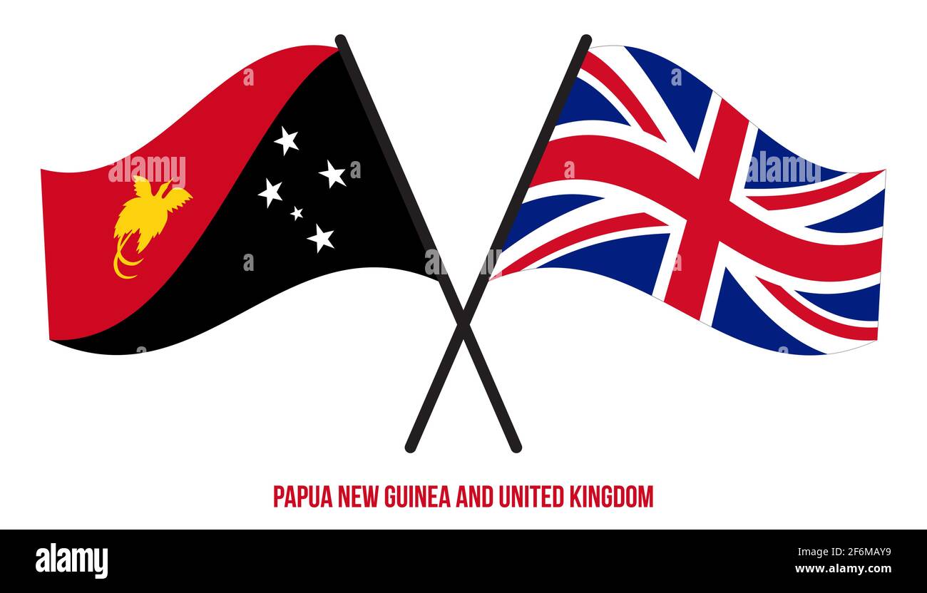 Papua Neuguinea und Großbritannien Flaggen gekreuzt & winken Flat Style. Offizieller Anteil. Richtige Farben. Stock Vektor