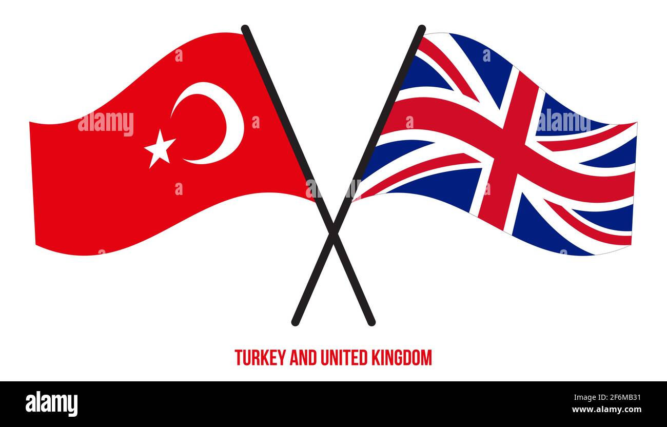Türkei und Großbritannien Flaggen gekreuzt und winken Flat Style. Offizieller Anteil. Richtige Farben. Stock Vektor