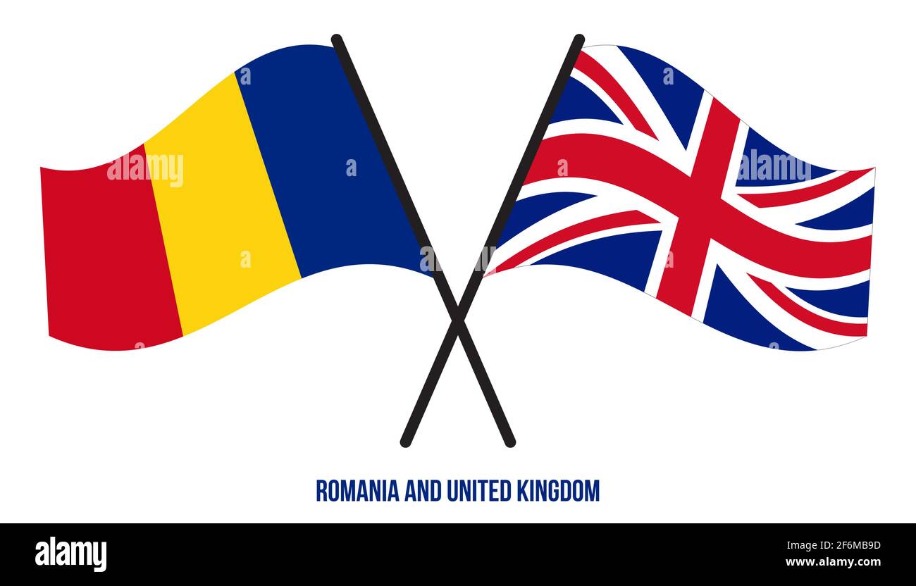 Rumänien und Großbritannien Flaggen gekreuzt und winken Flat Style. Offizieller Anteil. Richtige Farben. Stock Vektor