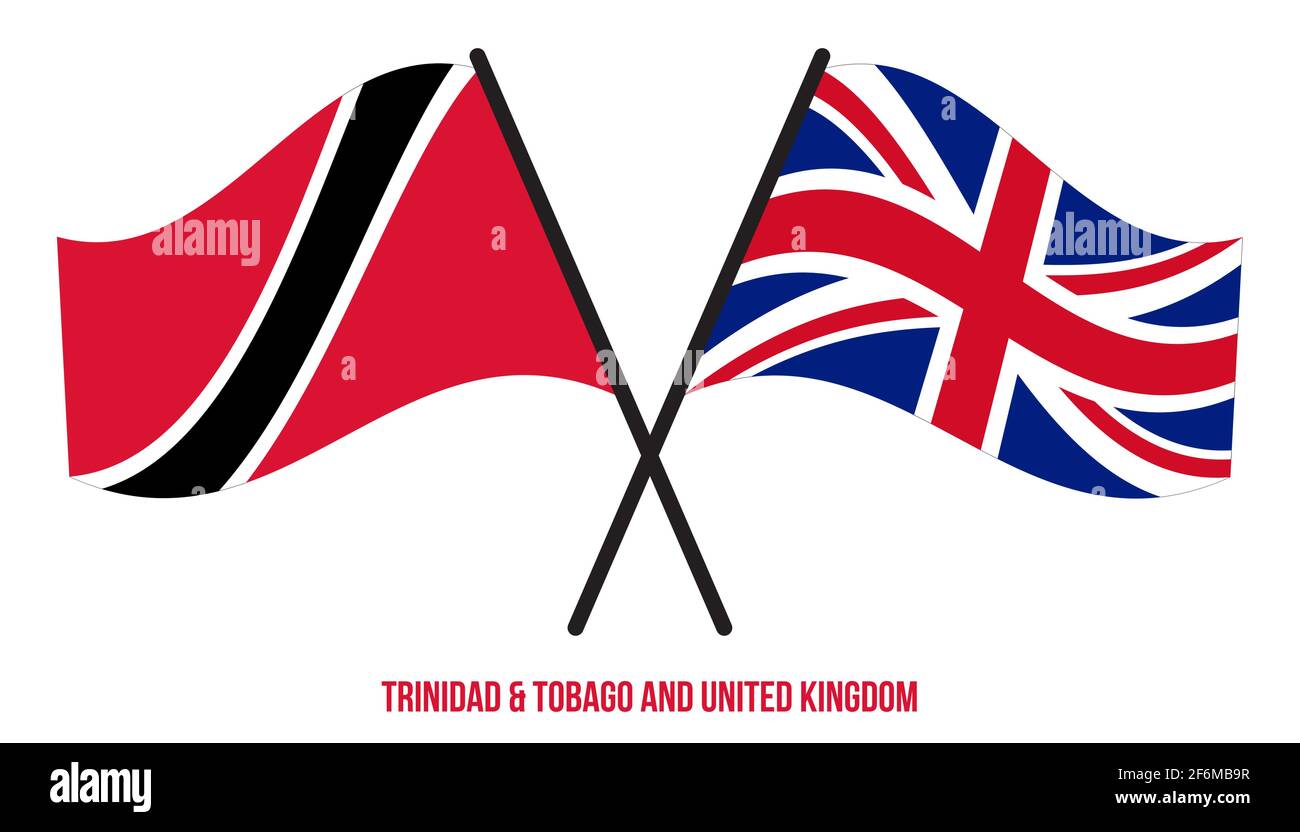 Trinidad und Tobago und Großbritannien Flaggen gekreuzt und winken Flat Style. Offizieller Anteil. Stock Vektor