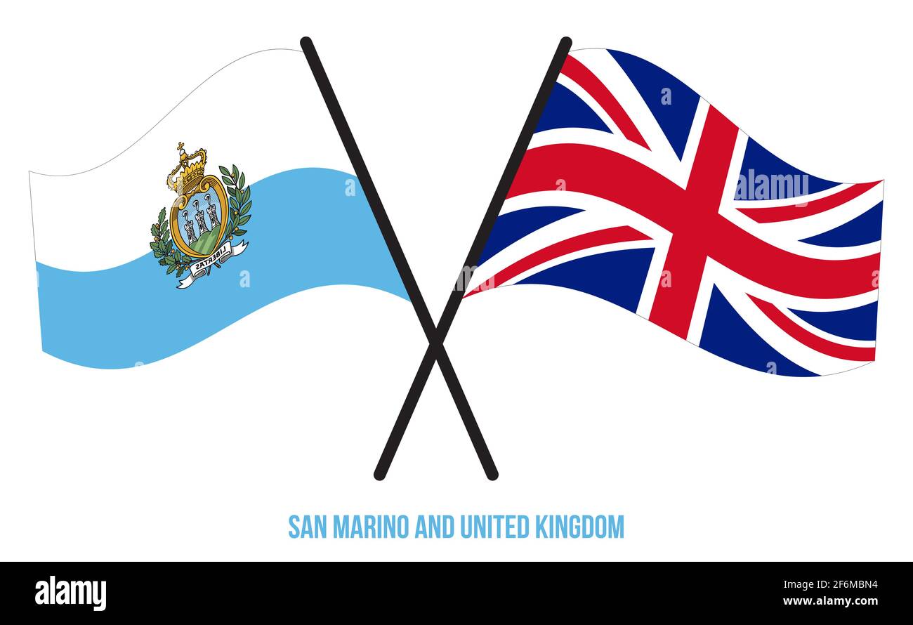 San Marino und Großbritannien Flaggen gekreuzt und winken Flat Style. Offizieller Anteil. Richtige Farben. Stock Vektor
