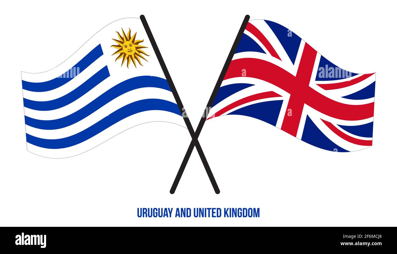 Uruguay und Großbritannien Flaggen gekreuzt und winken Flat Style. Offizieller Anteil. Richtige Farben. Stock Vektor