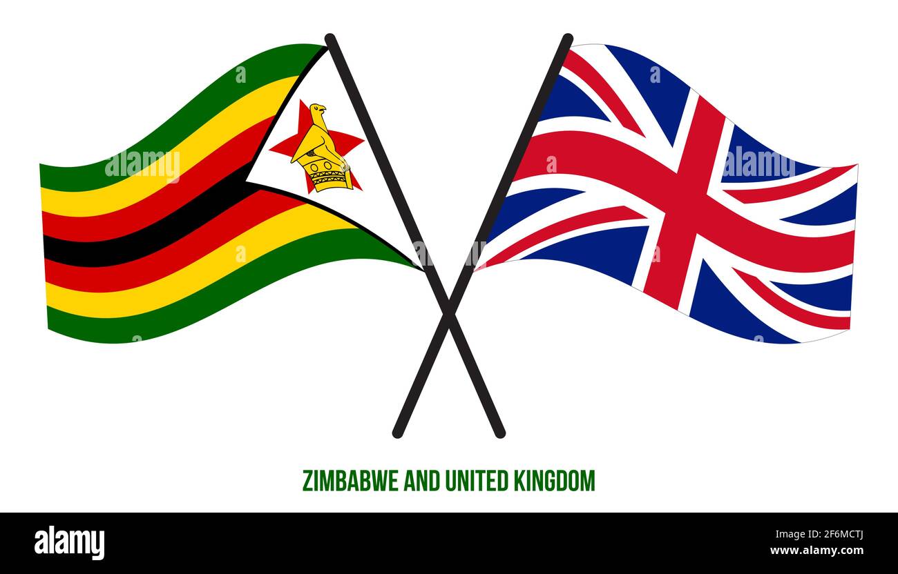 Simbabwe und Großbritannien Flaggen gekreuzt und winken Flat Style. Offizieller Anteil. Richtige Farben. Stock Vektor