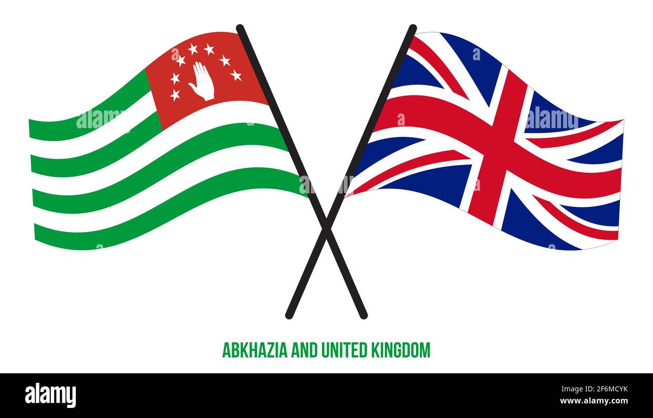 Abchasien und Großbritannien Flaggen gekreuzt und winken Flat Style. Offizieller Anteil. Richtige Farben. Stock Vektor