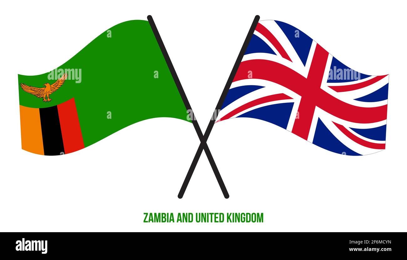 Sambia und Großbritannien Flaggen gekreuzt und winken Flat Style. Offizieller Anteil. Richtige Farben. Stock Vektor