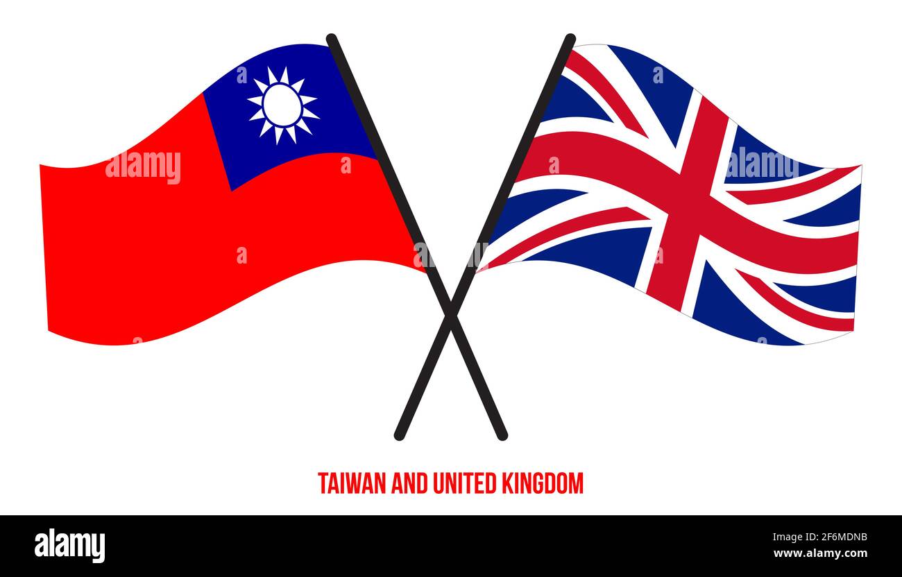 Taiwan und Großbritannien Flaggen gekreuzt und winken Flat Style. Offizieller Anteil. Richtige Farben. Stock Vektor