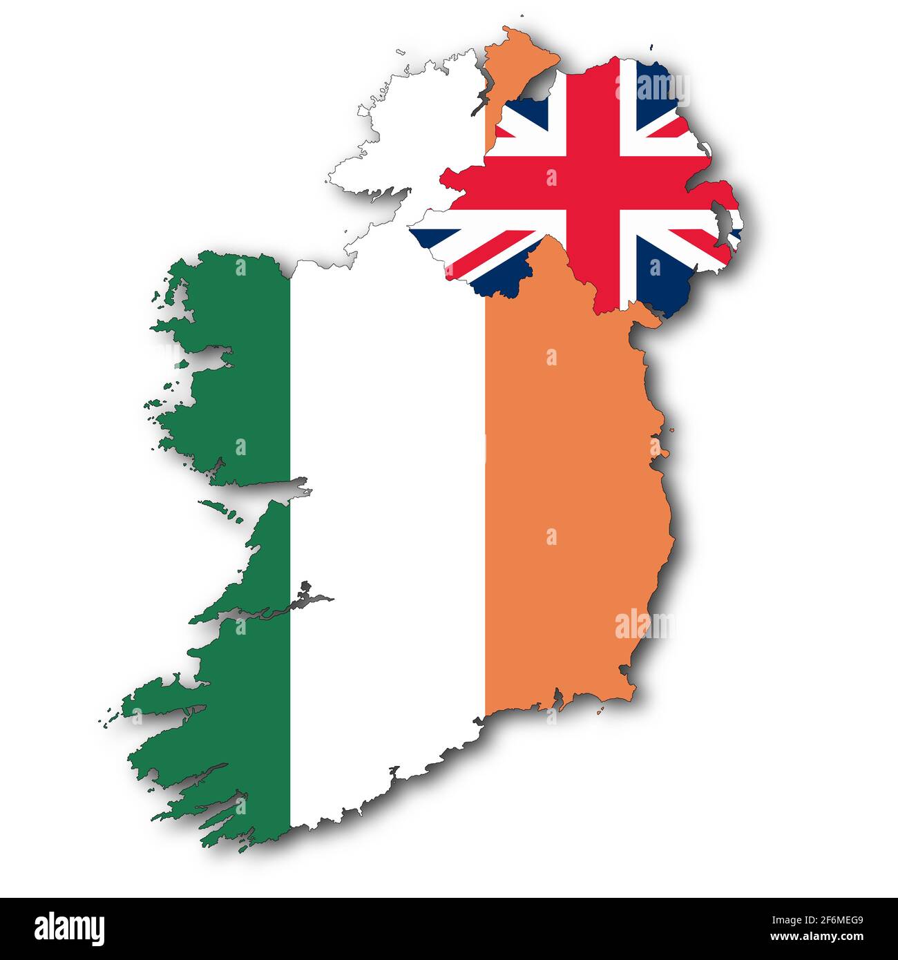 Karte der Republik Irland und Nordirland auf weißem Hintergrund Mit Beschneidungspfad, um 3D-Schattendarstellung zu entfernen Stockfoto