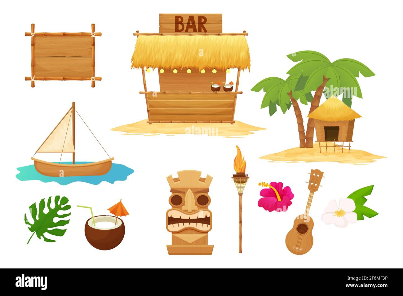 Hawaiian Set Urlaub traditionelle Elemente in Cartoon-Stil isoliert auf weißem Hintergrund. Strandbar mit Stroh, Sonnenschirm, Holzrahmen und Dekorationen, Ukulele, Bambusfackel, Tiki-Maske und Hibiskus. Vektorgrafik Stock Vektor