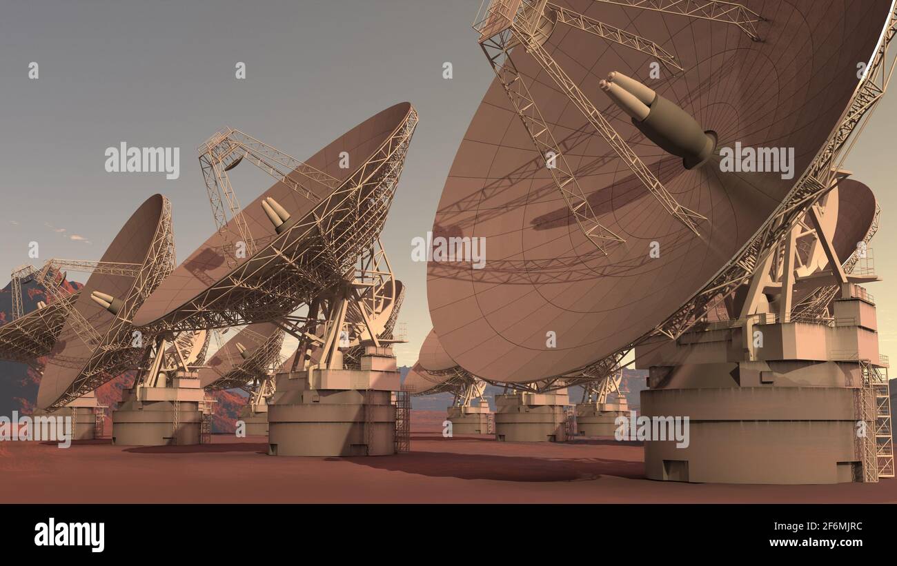 3D-Illustration eines Satellitenschüssel-Array von Antennen auf dem Mars, für Weltraumforschung Hintergründe. Stockfoto