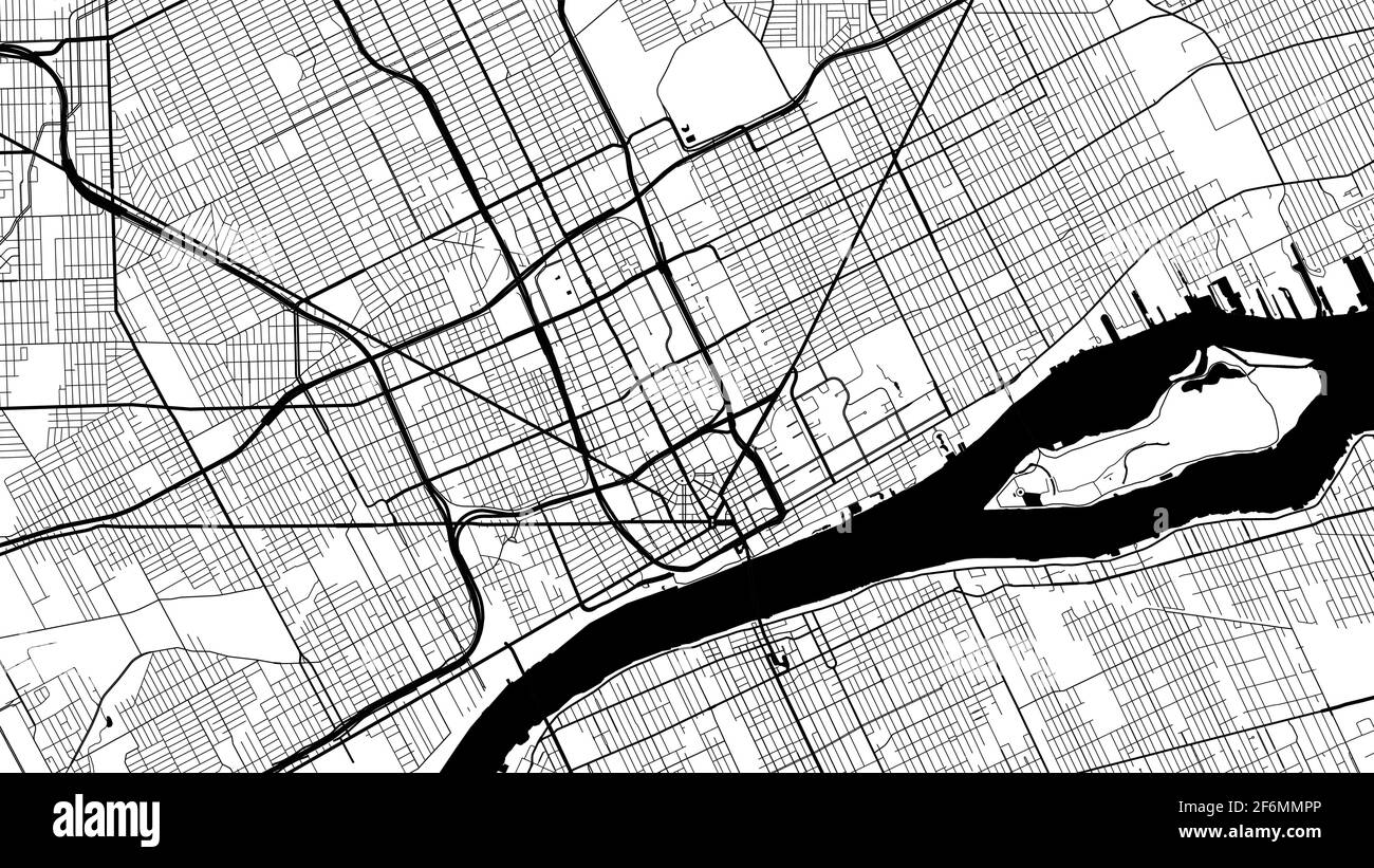 Schwarz-Weiß-Vektor-Hintergrundkarte, Detroit Stadtgebiet Straßen und Wasserkartographie Illustration. Breitbild-Anteil, digitales flaches Design Straße Stock Vektor