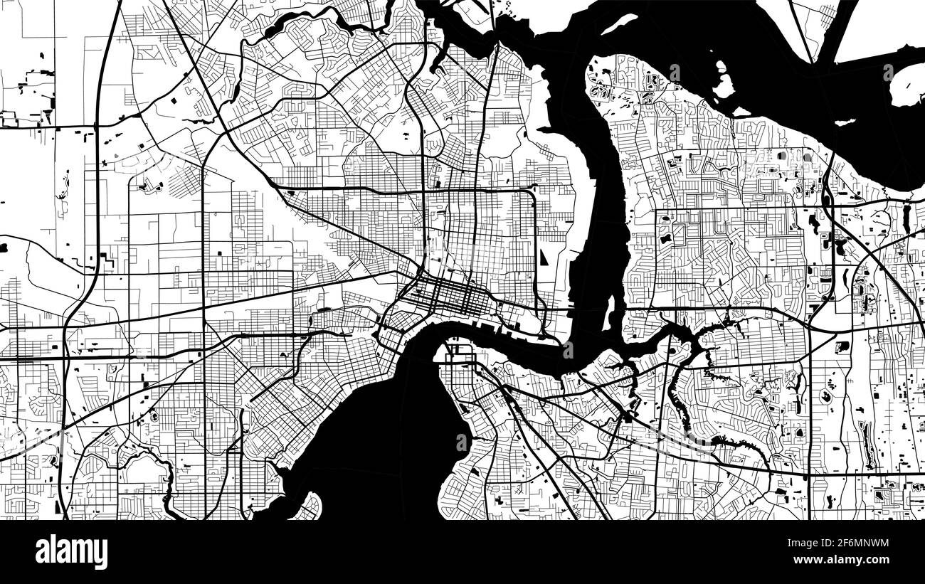 Schwarz-Weiß-Vektor-Hintergrundkarte, Jacksonville Stadtgebiet Straßen und Wasserkartographie Illustration. Breitbild-Anteil, digitales flaches Design Stock Vektor