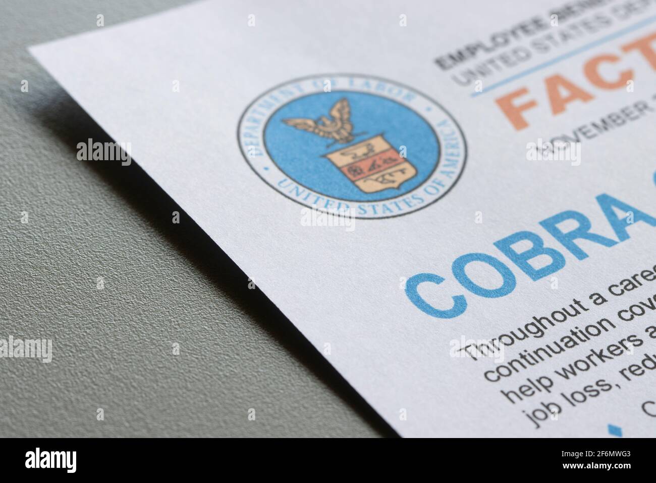 Nahaufnahme des COBRA (Consolidated Omnibus Budget Reconciliation Act)-Faktenblatts zur fortgesetzten Berichterstattung durch das US-Arbeitsministerium. Stockfoto