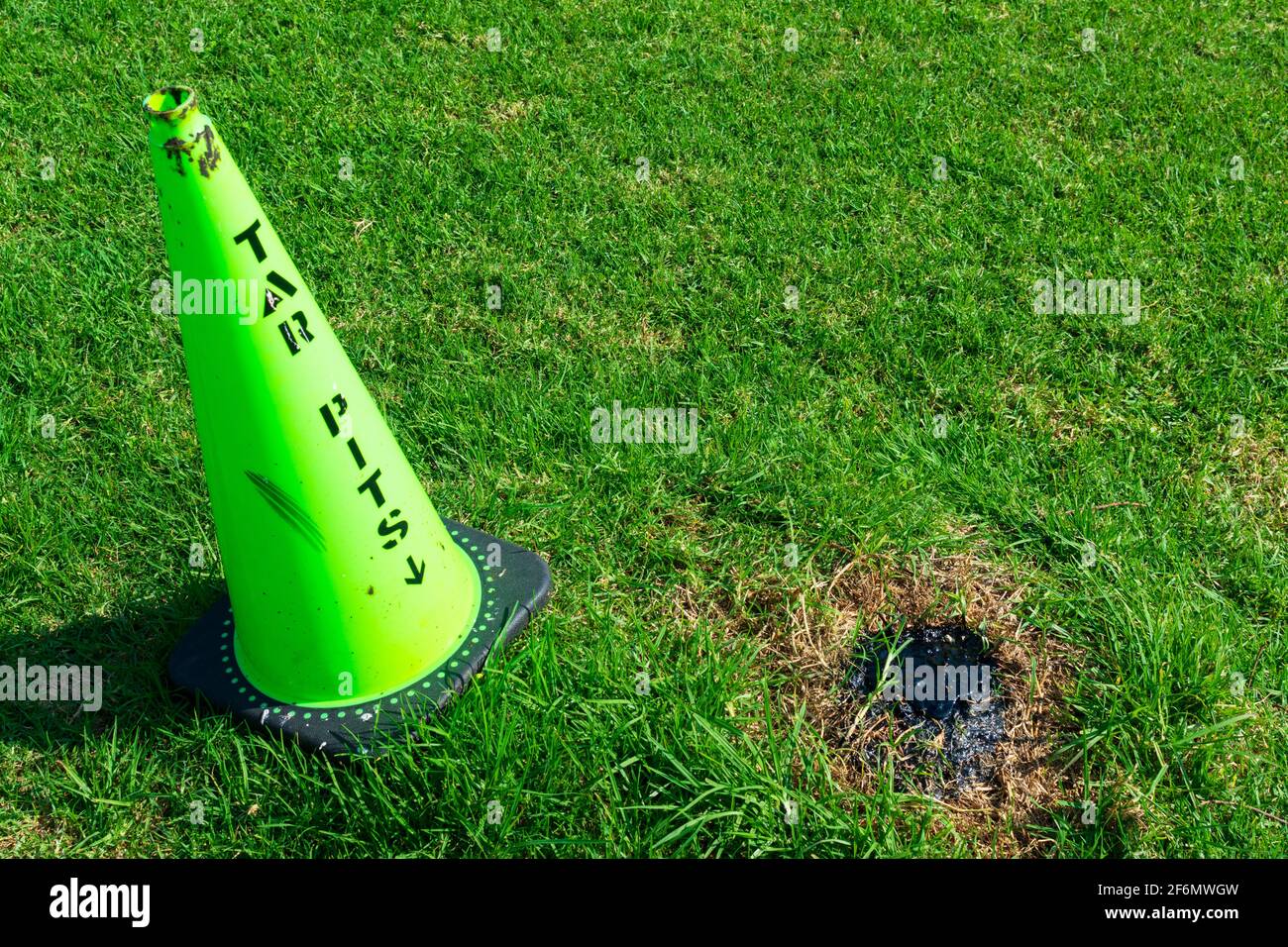 Teergruben-Zeichen, das auf eine undichte Teergrube im grünen Gras im Gebiet der La Brea Tar Gruben hinweist. Stockfoto