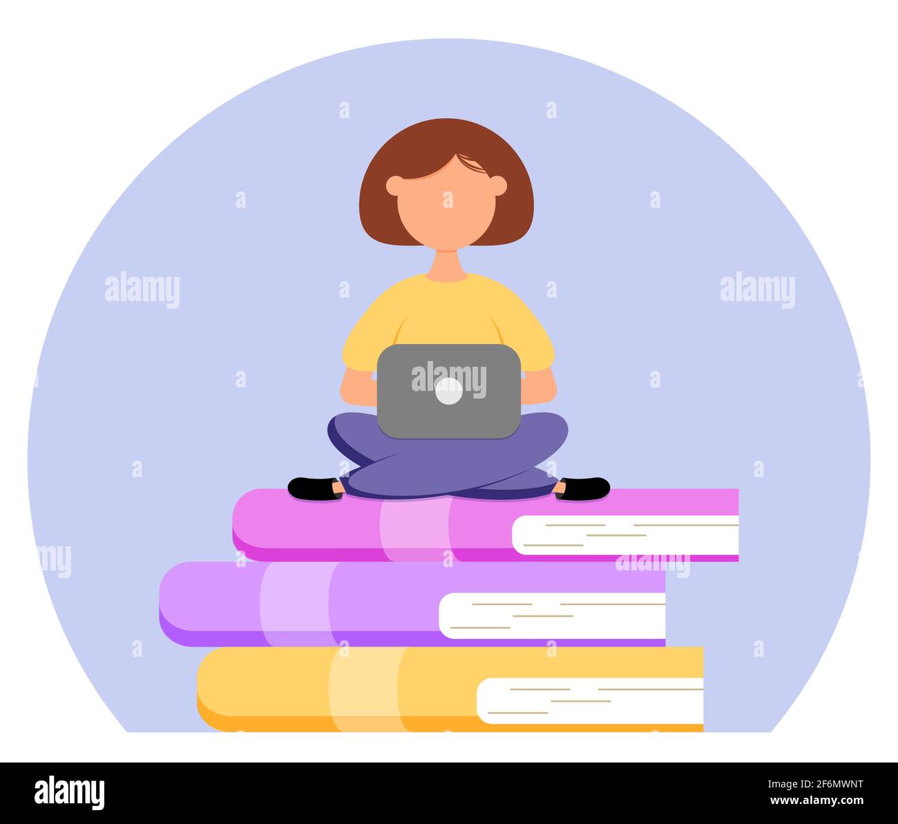 Das niedliche Mädchen mit Laptop sitzt auf Büchern. Online-Bildung oder Business-Training-Konzept. Vektorgrafik Stock Vektor