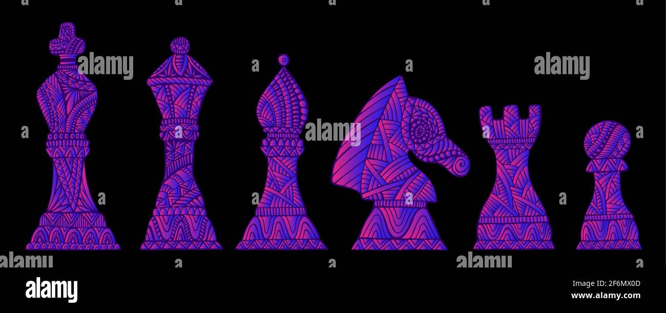 Set mit König, Königin, Bischof, Ritter, Rook und Pawn Schachfiguren, jede Figur mit ihrem eigenen einzigartigen Muster rosa blau Neon Farbverlauf, isoliert auf b Stock Vektor