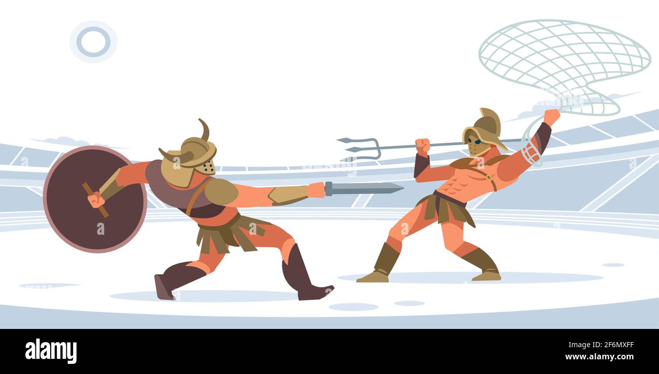 Krieger kämpfen in der Arena der Gladiatoren. Gladiator murmillo Gladius und ein Rentner mit Netz und Dreizack in der Arena. Vektor isoliert Stock Vektor