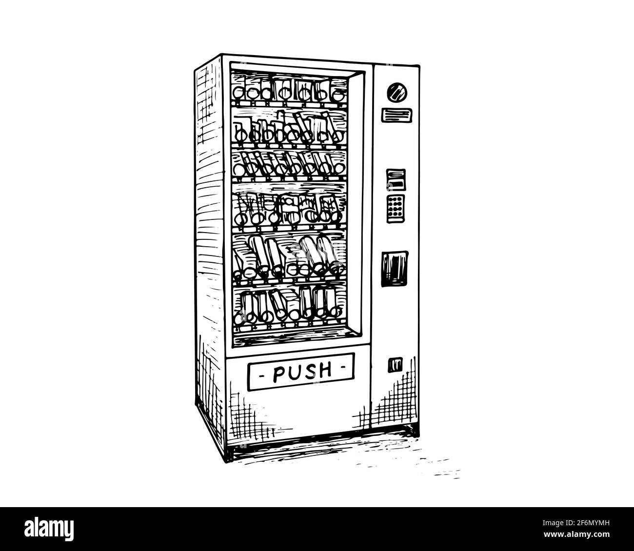 Verkaufsautomat mit Getränkeflaschen und Dosen, handgezeichnete Skizze. Automatische Snack-und Getränkeverkauf Maschinen isometrische Ansicht. Schwarz-Weiß-Vektor isolierte eps-Abbildung Stock Vektor