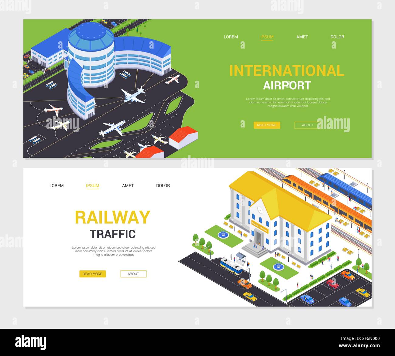 Internationaler Flughafen- und Eisenbahnverkehr - isometrische Webbanner mit Platz für Text. Stadtlandschaften mit Flugzeugen, Hangars und Plattformen, tr Stock Vektor