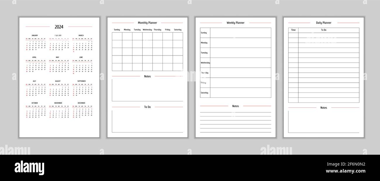 2024 Kalender und tägliche wöchentliche persönliche Planer Tagebuchvorlage im klassischen strengen Stil. Monatskalender individueller Zeitplan Minimalismus zurückhaltendes Design für Business-Notebooks. Die Woche beginnt am sonntag Stock Vektor