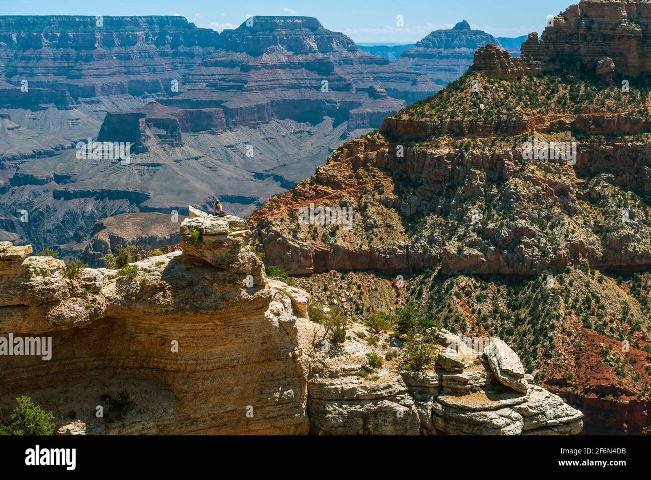Weibliche Touristin auf einem Felsen mit Blick über die Unendlichkeit des Grand Canyon, Arizona, Vereinigte Staaten von Amerika (USA). Stockfoto