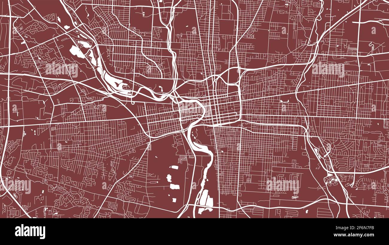 Rote Vektor Hintergrund Karte, Columbus Stadtgebiet Straßen und Wasserkartographie Illustration. Breitbild-Proportion, digitale Flat-Design-Streetmap. Stock Vektor